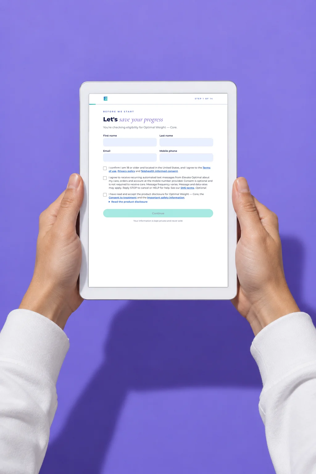 Hands holding a tablet showing the online intake