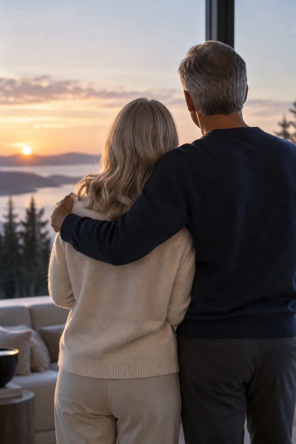 Couple standing together at a window at sunrise